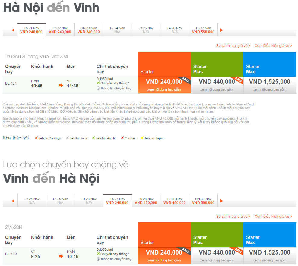Bảng giá vé máy bay đi Hà Nội từ Vinh