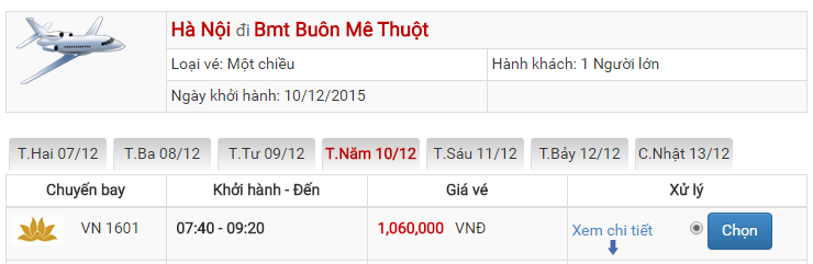 Bảng giá vé máy bay đi Buôn Ma Thuột Hà Nội của Vietnam Airlines