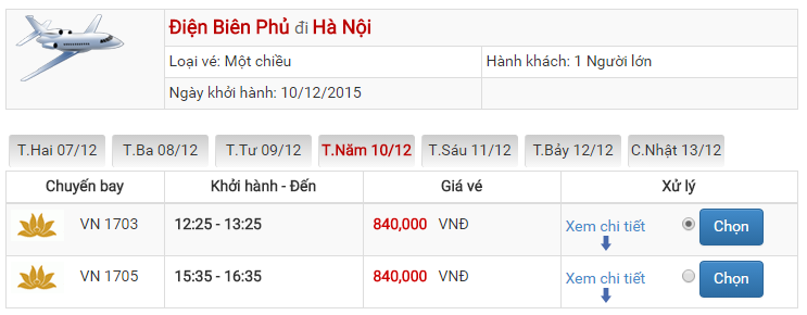 Bảng giá vé máy bay từ Điện Biên đi Hà Nội của Vietnam Airlines