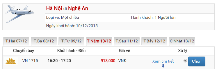 Bảng giá vé máy bay đi Nghệ An Hà Nội của Vietnam Airlines