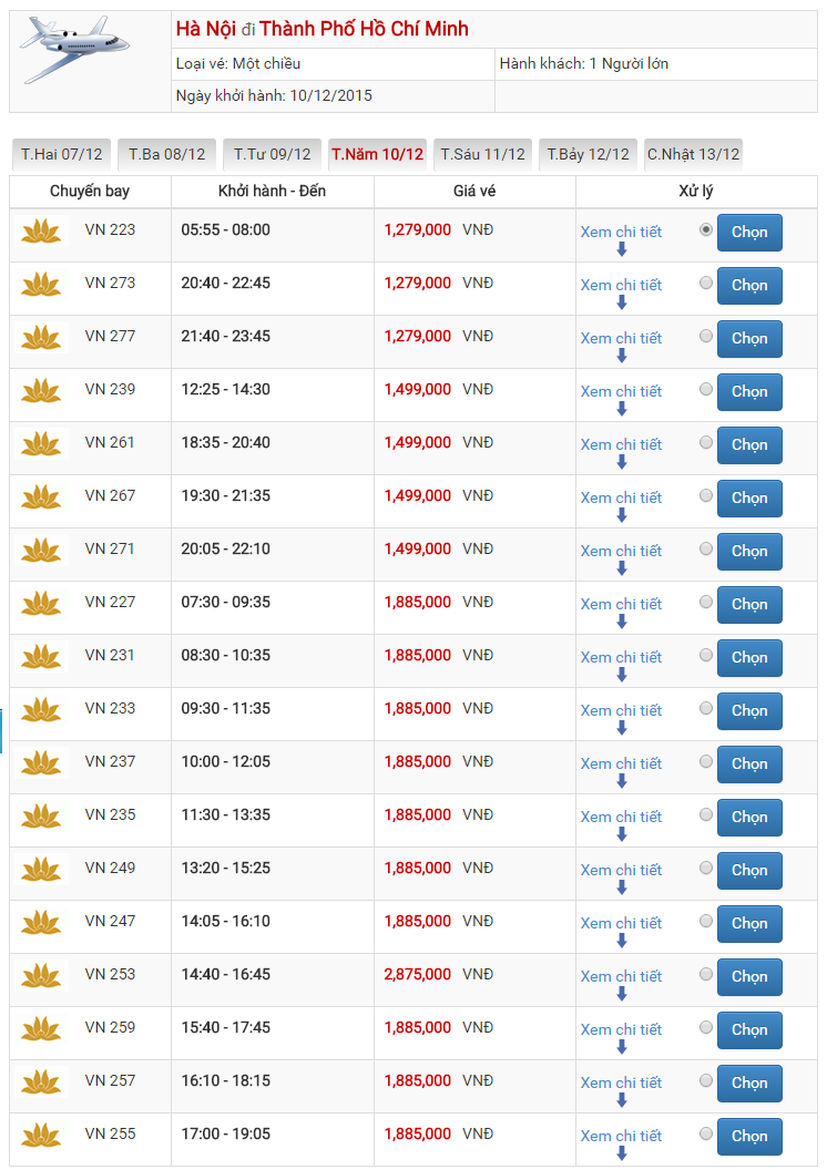 Bảng giá vé máy bay đi Sài Gòn Hà Nội của Vietnam Airlines