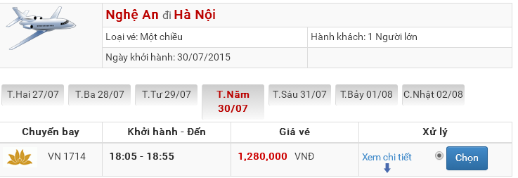 Bảng giá vé máy bay Vinh Hà Nội