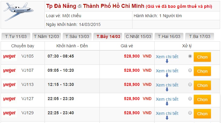 Bảng giá vé máy bay Đà Nẵng Sài Gòn