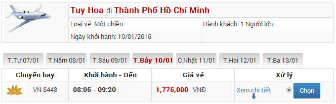 Bảng giá vé máy bay Tuy Hòa Sài Gòn